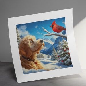 Cuadro de perro Doodle y cardenal, escena invernal. imagen 9