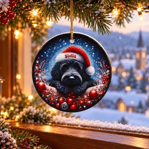 May include: A round ceramic Christmas ornament featuring a black dog wearing a red Santa hat with the name Stella printed on the brim. The dog is surrounded by red berries and festive sparkles against a dark blue, snowy background.