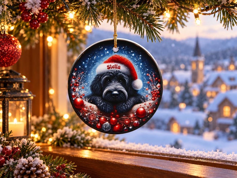 May include: A round ceramic Christmas ornament featuring a black dog wearing a red Santa hat with the name Stella printed on the brim. The dog is surrounded by red berries and festive sparkles against a dark blue, snowy background.