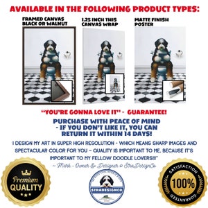 May include: A product display showing a Bernedoodle dog sitting on a toilet reading a book, available as a framed canvas with black or walnut frame, a 1.25 inch thick canvas wrap, or a matte finish poster, featuring a black and white tiled floor.