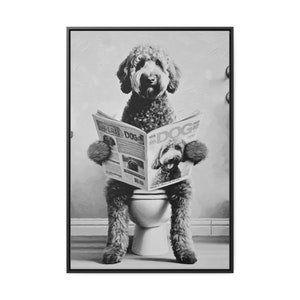 Black and White Canvas Goldendoodle Toilet Pet Portrait, Dog Reading Dog Magazine, Guest bathroom Framed Art, Doodle Lover gift, pet lovers image 9
