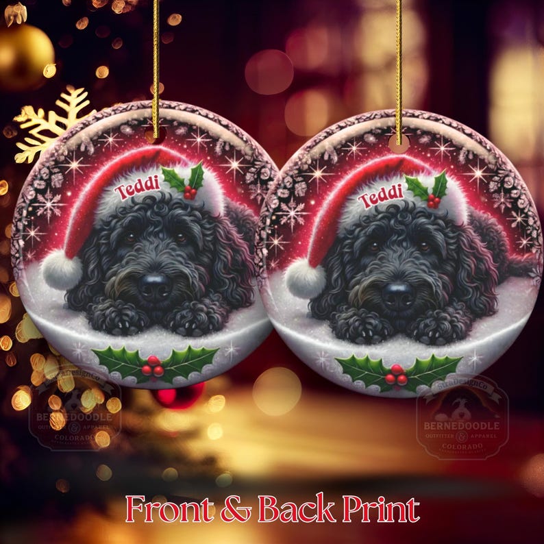 May include: Two round Christmas ornaments featuring a black dog wearing a Santa hat with the name "Teddi". The ornaments have a snowy background with holly and snowflake details. The text "Front & Back Print" is at the bottom.
