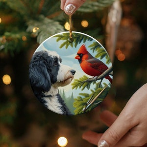 Cardinal and Bernedoodle Dog Ceramic Ornament, Oil Paint Style Design, Cardinal Lovers Gift, Mothers Day, Bird Lovers, Custom Crafted Design