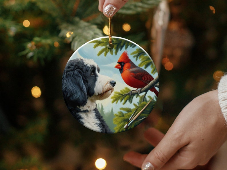 Cardinal and Bernedoodle Dog Ceramic Ornament, Oil Paint Style Design, Cardinal Lovers Gift, Mothers Day, Bird Lovers, Custom Crafted Design