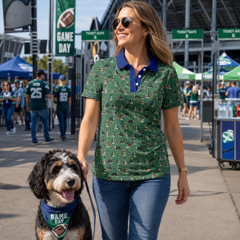 Green and Blue Football Themed Bernedoodle Polo - Dog Lover Polo Shirt image 6