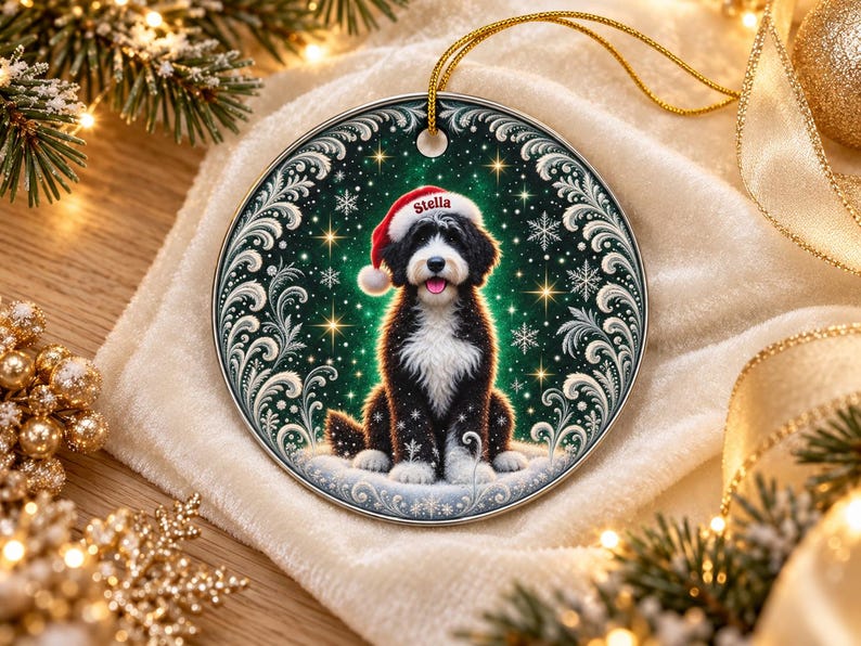 May include: A round ceramic ornament featuring a black and white dog wearing a red Santa hat with the name Stella printed on the brim. The dog sits against a dark green background with white snowflakes, gold stars, and ornate silver scrollwork.