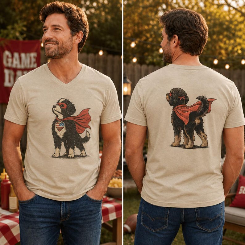 May include: A beige V-neck t-shirt featuring a graphic of a black and tan dog wearing a red superhero cape and a mask. The front graphic shows the dog with a heart-shaped American flag emblem, while the back graphic shows the dog from behind.