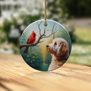 Cardinal and Doodle Dog Ceramic Ornament, Oil Paint Style Design image 8