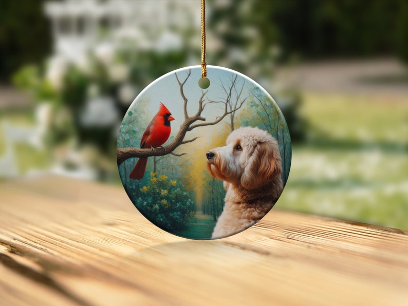 Cardinal and Doodle Dog Ceramic Ornament, Oil Paint Style Design image 8