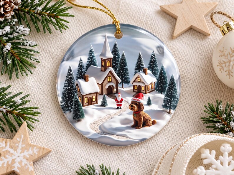 May include: A round ceramic Christmas ornament featuring a snowy village scene with a church, houses, pine trees, a small Santa Claus figure, and a brown dog wearing a red hat with the name Goldie printed on it, suspended by a gold cord.