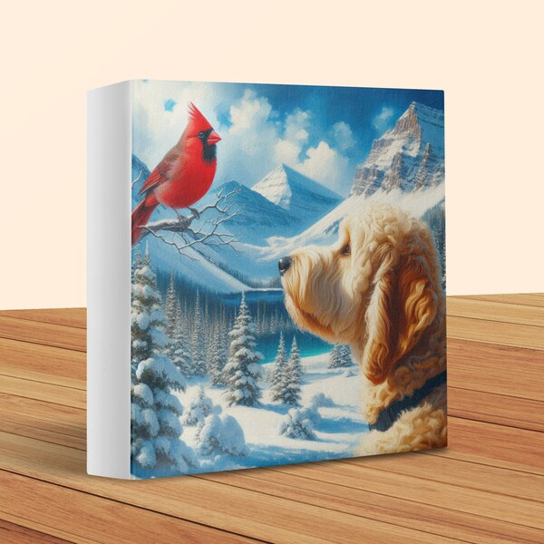 Goldendoodle and Cardinal Winter Scene Canvas Art