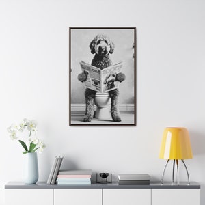 Black and White Canvas Goldendoodle Toilet Pet Portrait, Dog Reading Dog Magazine, Guest bathroom Framed Art, Doodle Lover gift, pet lovers image 7