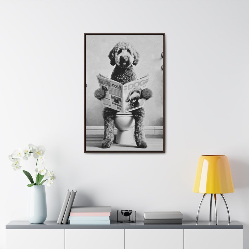 Black and White Canvas Goldendoodle Toilet Pet Portrait, Dog Reading Dog Magazine, Guest bathroom Framed Art, Doodle Lover gift, pet lovers image 7
