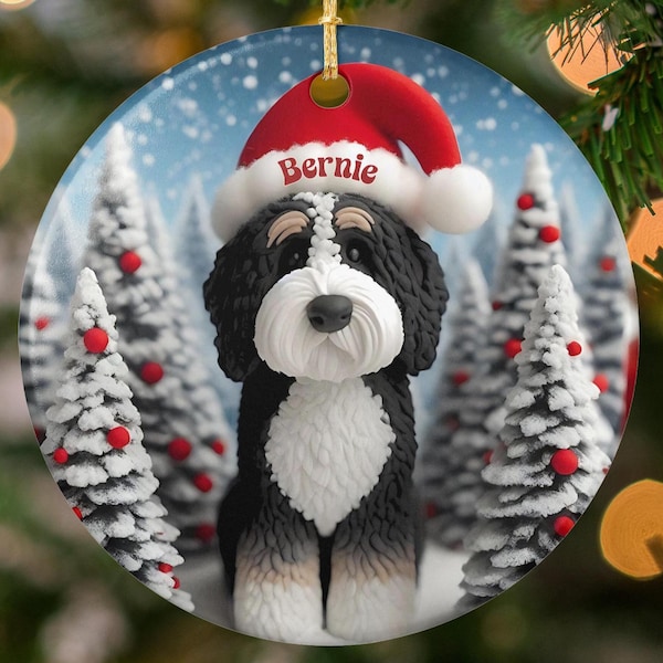 Custom Dog Ornament, Bernedoodle Santa Hat - Ceramic Keepsake | Sublimation Printed | Double Sided, 3 Inch Holiday Decor