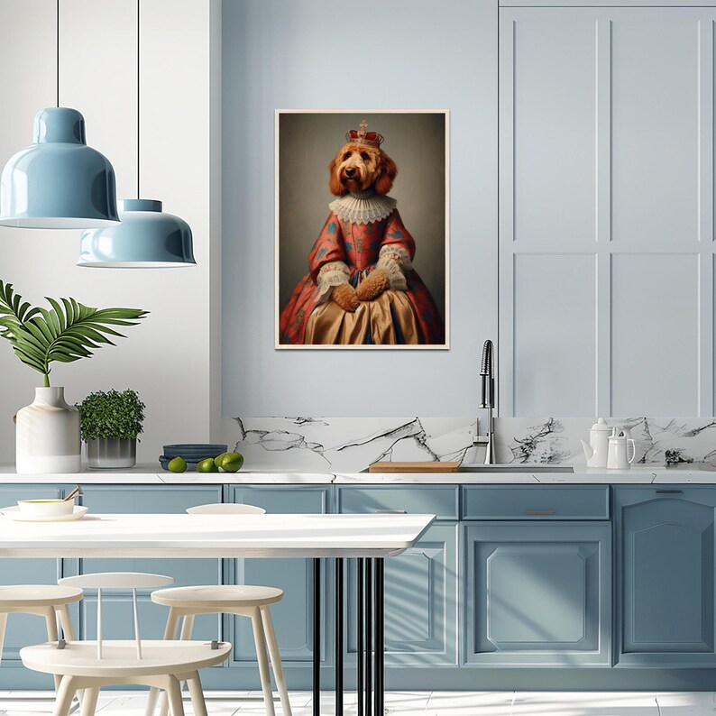 May include: A framed portrait of a dog dressed in regal attire, including a crown and a red and gold gown. The dog has a fluffy, light brown coat and is posed in a formal setting. The artwork is displayed in a kitchen setting.