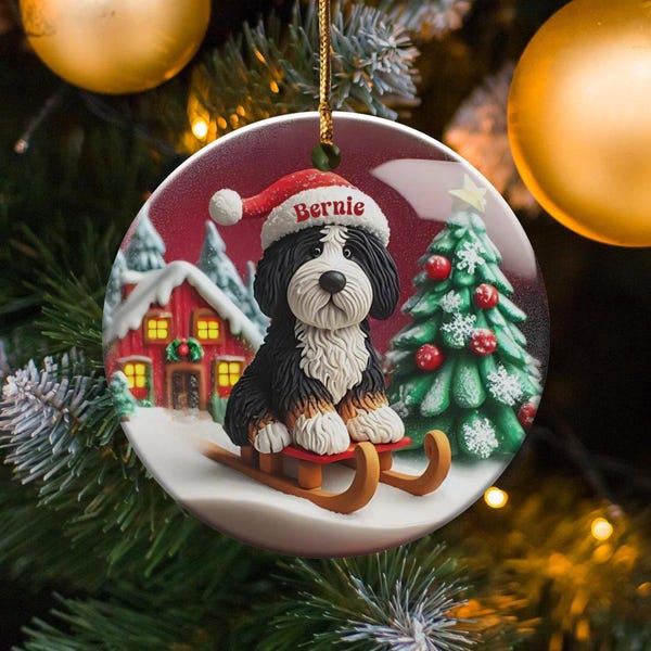 Custom Dog Ornament, Bernedoodle Sledding Keepsake | Sublimation Ceramic | 3 Inch Festive Decor, Santa Hat Doodle Gift