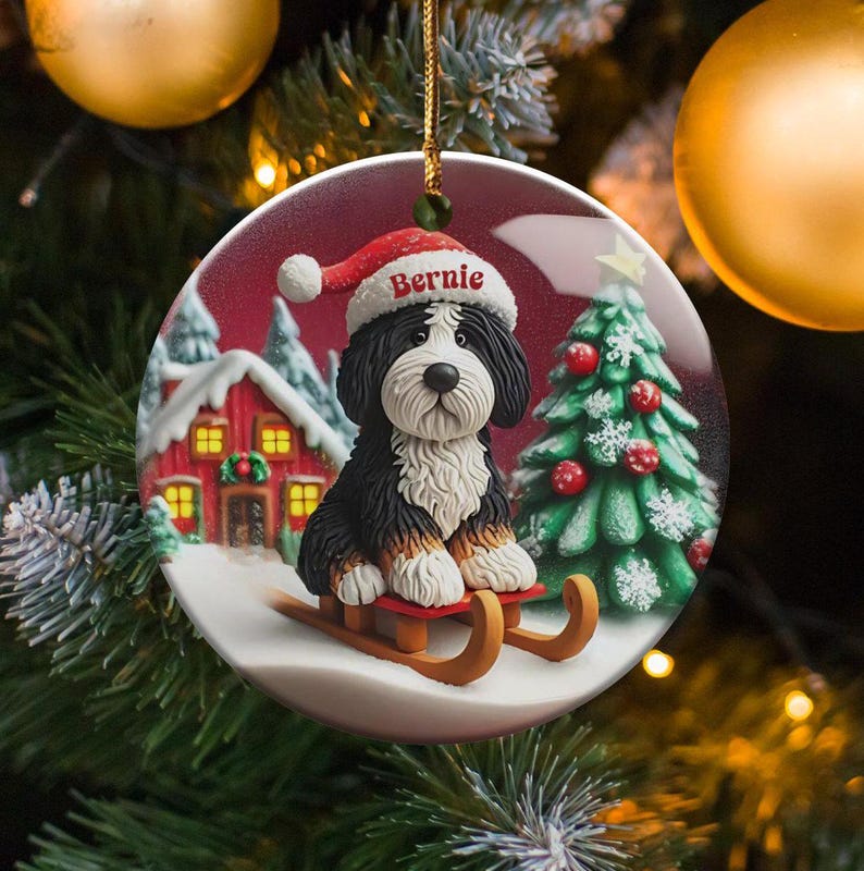 Custom Dog Ornament, Bernedoodle Sledding Keepsake | Sublimation Ceramic | 3 Inch Festive Decor, Santa Hat Doodle Gift image 1