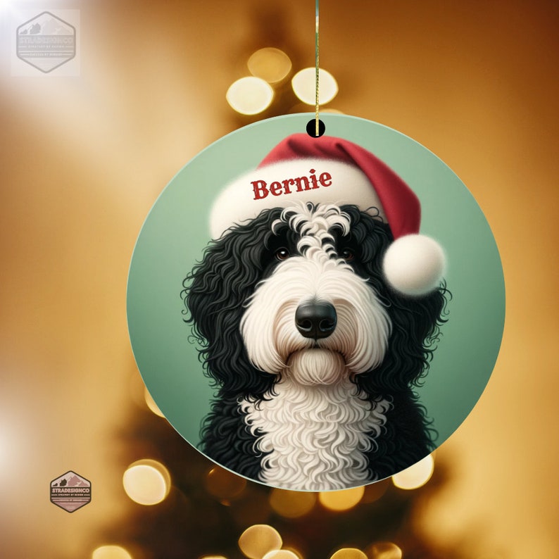 Bernedoodle in Santa Hat Custom Ornament - Artisanal Christmas Dog Decor