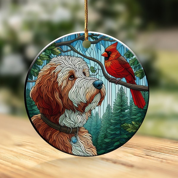 Cardinal and Doodle Dog Ceramic Ornament, Stained Glass Design