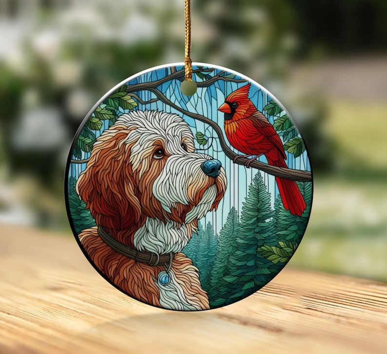 Cardinal and Bernedoodle Dog Ceramic Ornament, Oil Paint Style Design, Cardinal Lovers Gift, Mothers Day, Bird Lovers, Custom Crafted Design