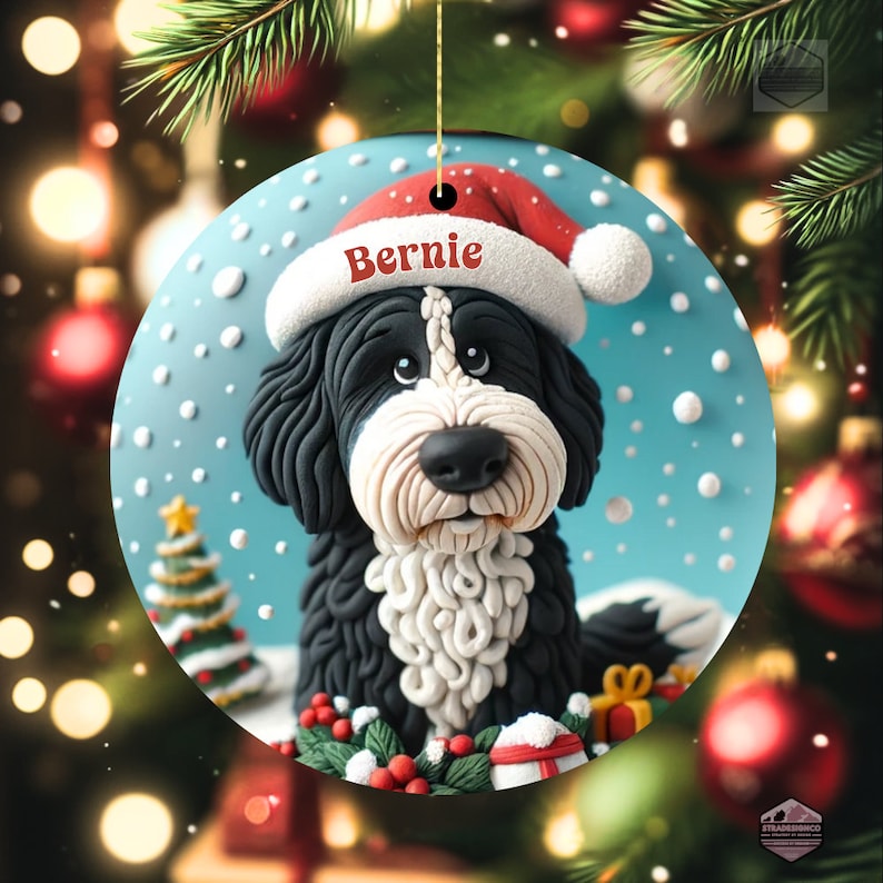 Cute clay style bernedoodle looking worried that Santa isnt coming.  Personalized bernedoodle ornament.