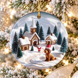May include: A round ceramic Christmas ornament featuring a winter scene with snow-covered houses, a church, evergreen trees, and a small Santa Claus figure. A brown dog wearing a red Santa hat with the name Goldie sits in the foreground.