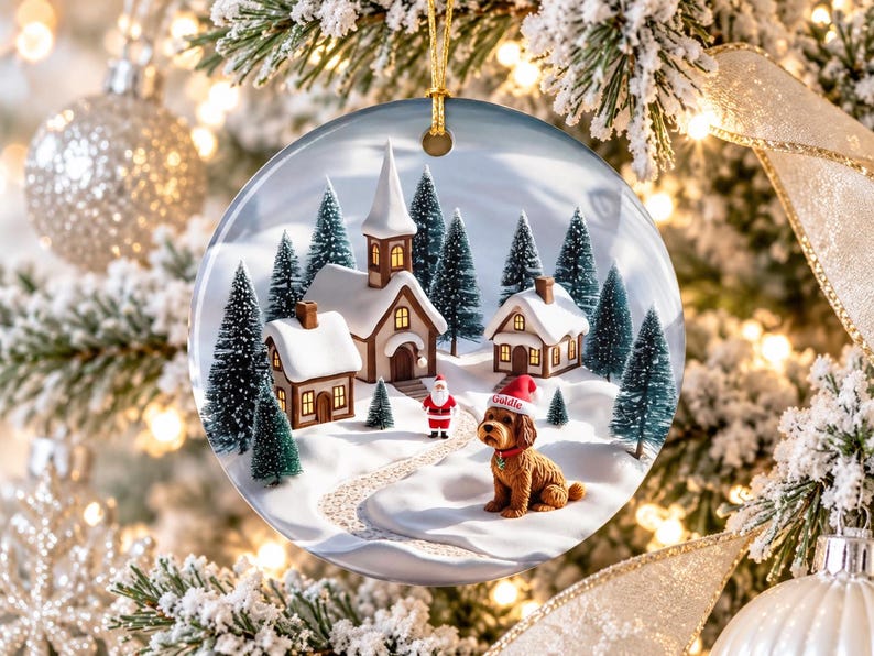 May include: A round ceramic Christmas ornament featuring a winter scene with snow-covered houses, a church, evergreen trees, and a small Santa Claus figure. A brown dog wearing a red Santa hat with the name Goldie sits in the foreground.