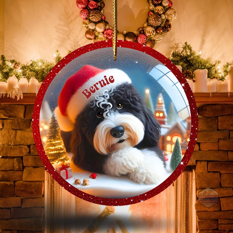 K&ouml;nnte beinhalten: Ein runder Weihnachtsschmuck mit einem schwarz-wei&szlig;en Hund, der einen Weihnachtsmannhut mit dem Namen "Bernie" tr&auml;gt. Der Schmuck hat einen roten Glitzerrahmen und eine goldene Schnur zum Aufh&auml;ngen. Der Hintergrund zeigt eine Winterlandschaft.