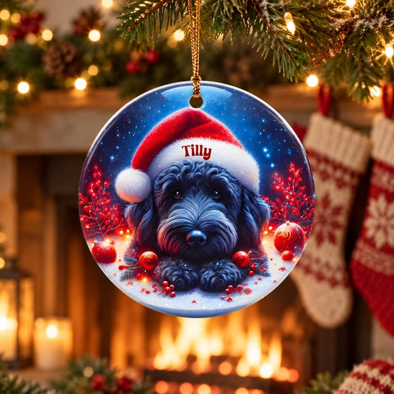 May include: A round ceramic Christmas ornament featuring a black dog wearing a red and white Santa hat. The name Tilly is printed in red on the white brim of the hat. The background shows red berries and glowing lights on a blue surface.