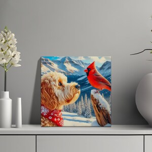 Doodle Dog and Cardinal Art Canvas, Pet Lover Gift image 4