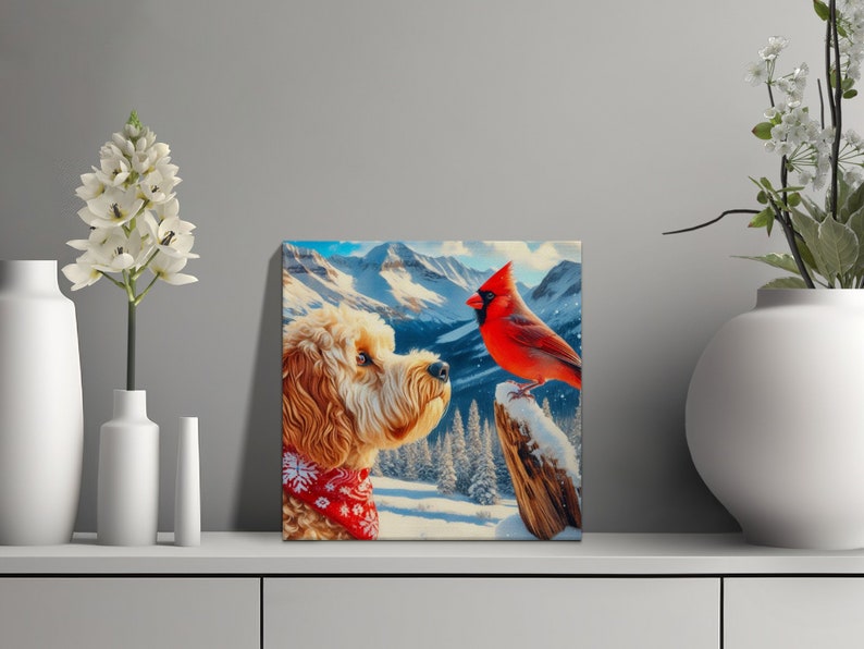 Doodle Dog and Cardinal Art Canvas, Pet Lover Gift image 4
