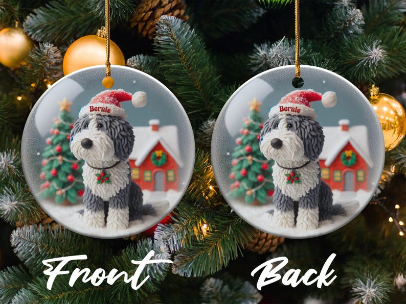 Custom Pet Ornament, Sheepadoodle Snow Scene Keepsake | Sublimation Ceramic | 3 Inch, Double Sided Bild 7