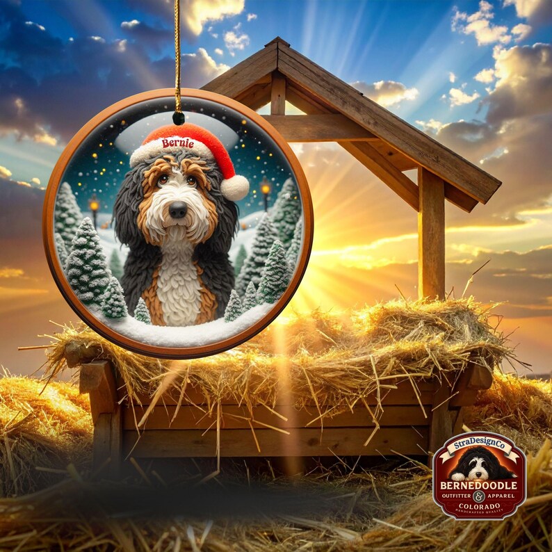 Op de afbeelding: Een ronde kerstversiering met een Bernedoodle-hond met een kerstmuts met de naam "Bernie". De versiering heeft een winterse achtergrond met besneeuwde bomen. Het hangt aan een gouden touwtje.