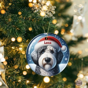 Sheepadoodle Ceramic Ornament, showcasing stunning blue eyes. Personalized ornament with your dogs name