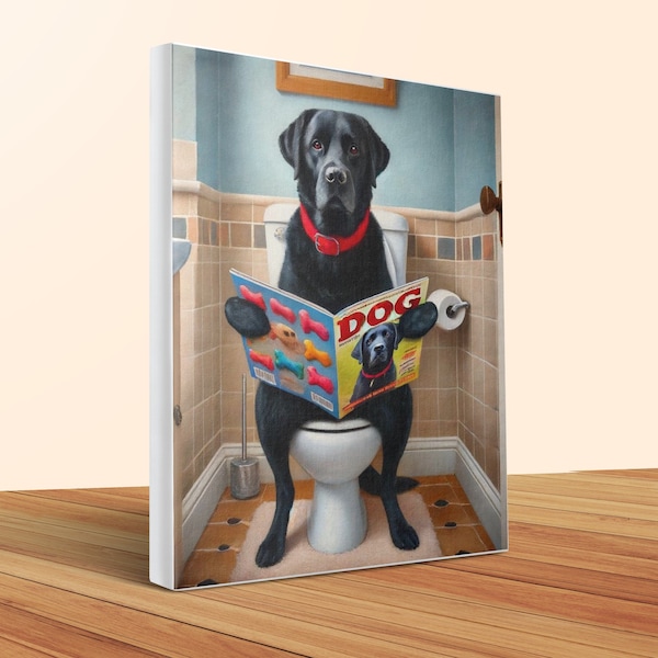 Funny Black Lab Bathroom Canvas Art, Dog on Toilet Print, Pet Lover Gift