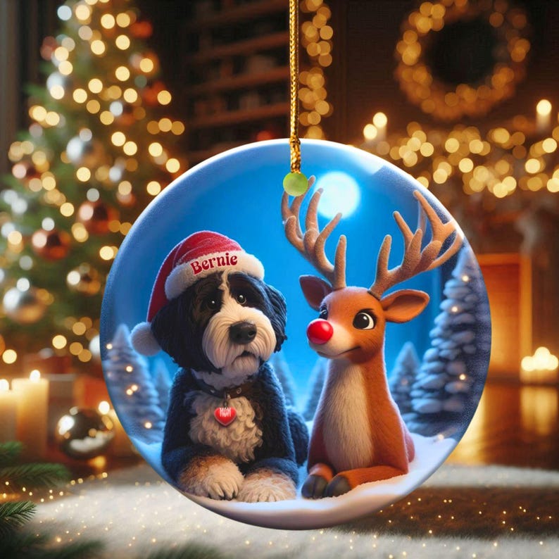 A fluffy Bernedoodle sits beside a gentle reindeer with a glowing red nose in a snowy winter forest. Soft blue and golden holiday lighting highlights the animals as snow falls around them. The Bernedoodle’s expressive face and the reindeer’s warm glow create a peaceful, magical Christmas scene perfect for woodland and dog-themed holiday décor.