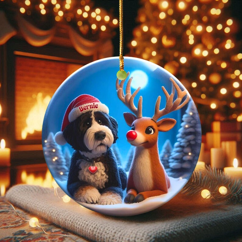 A fluffy Bernedoodle sits beside a gentle reindeer with a glowing red nose in a snowy winter forest. Soft blue and golden holiday lighting highlights the animals as snow falls around them. The Bernedoodle’s expressive face and the reindeer’s warm glow create a peaceful, magical Christmas scene perfect for woodland and dog-themed holiday décor.