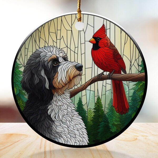 Bernedoodle and Cardinal Ceramic Ornament, Stained-Glass Design