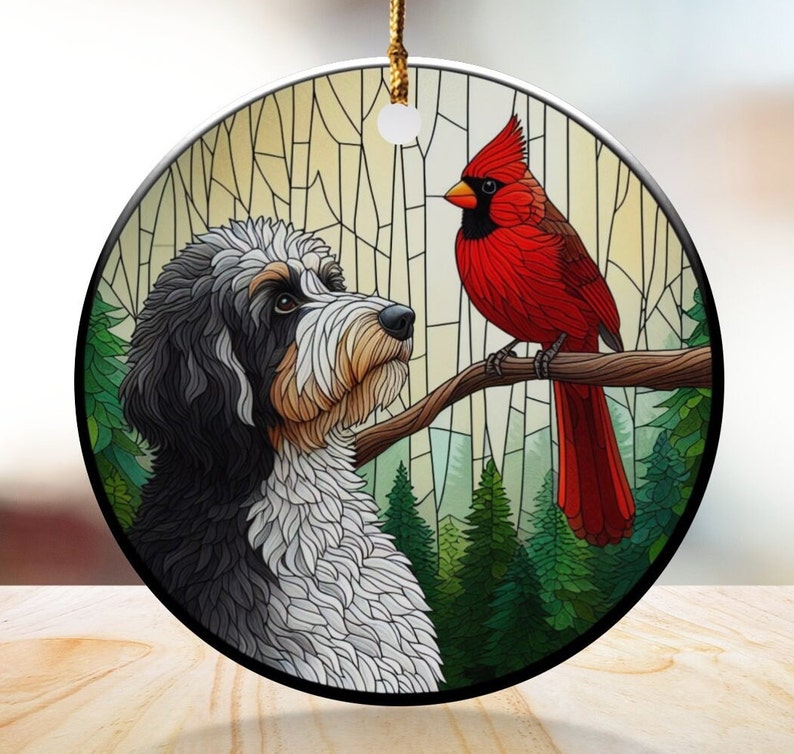 Cardinal and Bernedoodle Dog Ceramic Ornament, Oil Paint Style Design, Cardinal Lovers Gift, Mothers Day Gifts Bird Lovers Dog Mom Ornament