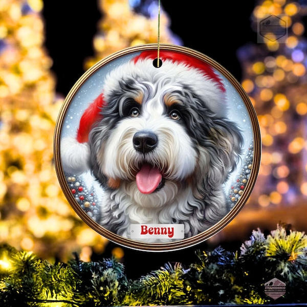 Bernedoodle Ornament, Custom Dog Keepsake | Handcrafted Ceramic - Blue Merle Sublimation Print, Personalized Pet Lover Gift