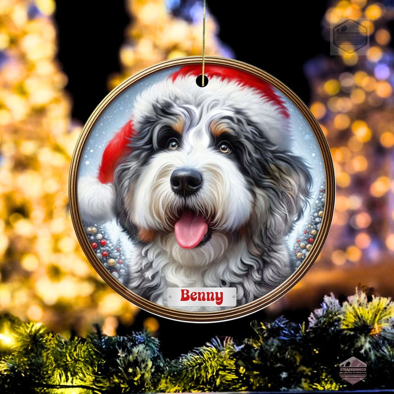 Merle Bernedoodle Fade with Hazel Eyes in a Christmas Ornament - Personalized with Your Dog's Name