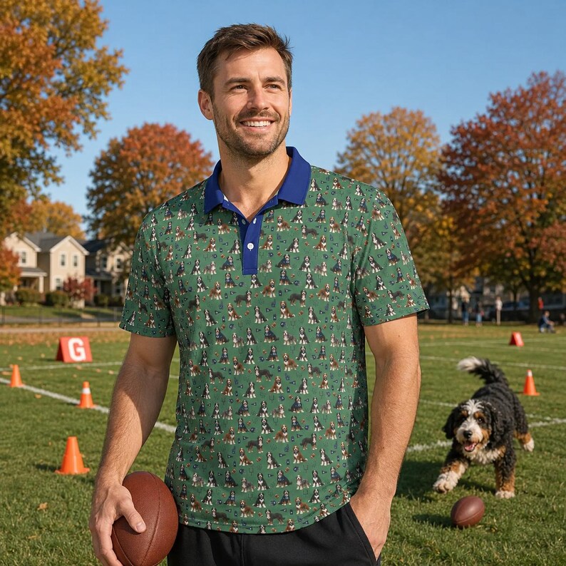 Green and Blue Football Themed Bernedoodle Polo - Dog Lover Polo Shirt image 15
