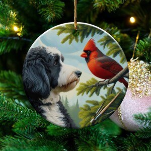 Cardinal and Bernedoodle Dog Ceramic Ornament, Oil Paint Style Design, Cardinal Lovers Gift, Mothers Day, Bird Lovers, Custom Crafted Design
