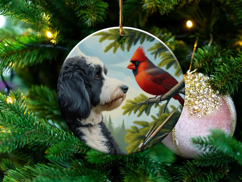Cardinal and Bernedoodle Dog Ceramic Ornament, Oil Paint Style Design, Cardinal Lovers Gift, Mothers Day, Bird Lovers, Custom Crafted Design