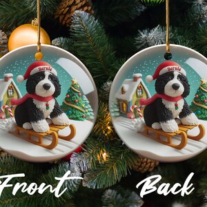 Dog Sled Snowglobe, Custom Bernedoodle Ornament | Ceramic | Double-Sided Sublimation Print, Holiday Tree Charm, 3 Inch immagine 4