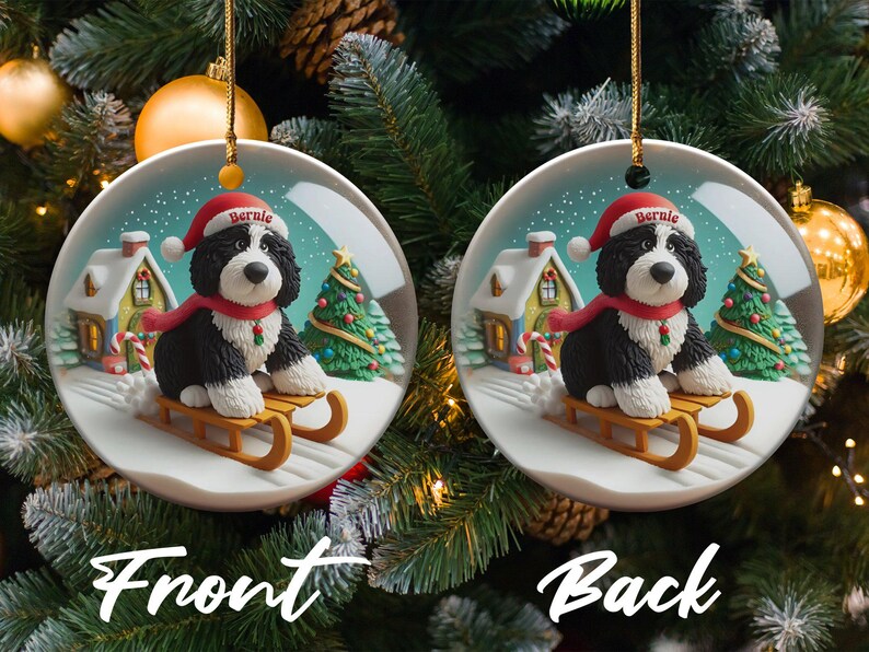 Dog Sled Snowglobe, Custom Bernedoodle Ornament | Ceramic | Double-Sided Sublimation Print, Holiday Tree Charm, 3 Inch immagine 4
