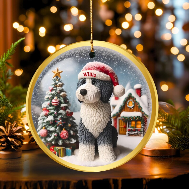 May include: A circular Christmas decoration with a gold edge. It features a dog wearing a Santa hat in a snowy scene with a Christmas tree and a house. The dog's name, "Willis", is printed on the hat.
