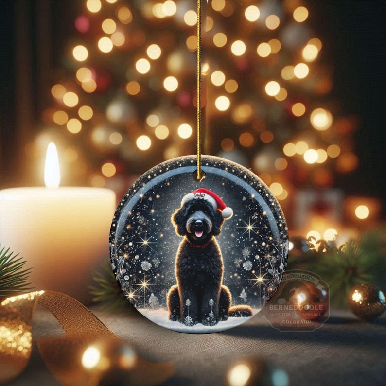 May include: A round Christmas ornament featuring a black dog wearing a Santa hat and red collar, set against a snowy winter scene. The ornament is hanging with a gold string, with a lit candle and Christmas tree lights in the background.