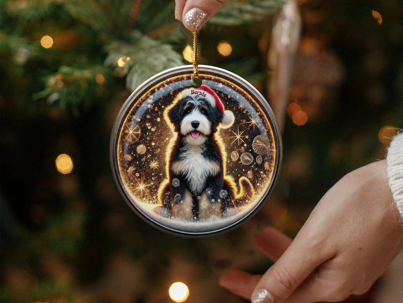 Ozdoba Bernedoodle, świąteczna czapka Mikołaja | Sublimacja | Spersonalizowana pamiątka świąteczna zdjęcie 3
