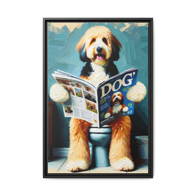 Divertido dibujo de un perro en el baño: Garabato leyendo el periódico imagen 1